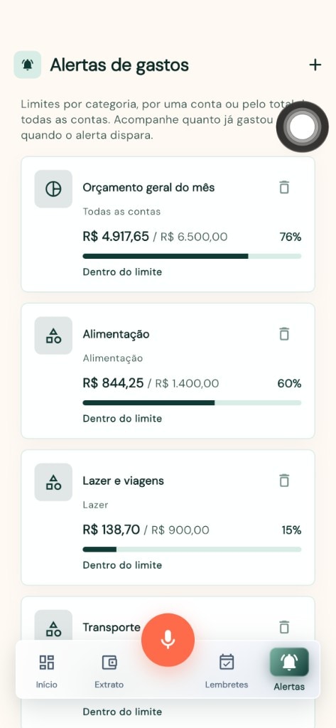 Alertas de gasto com barras de progresso por categoria
