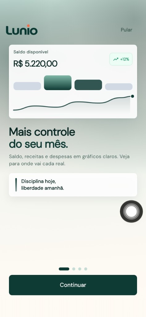 Onboarding: saldo do mês e gráficos de receitas e despesas