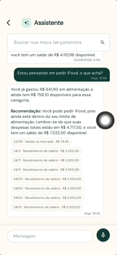 Assistente financeiro respondendo sobre gastos e parcelas