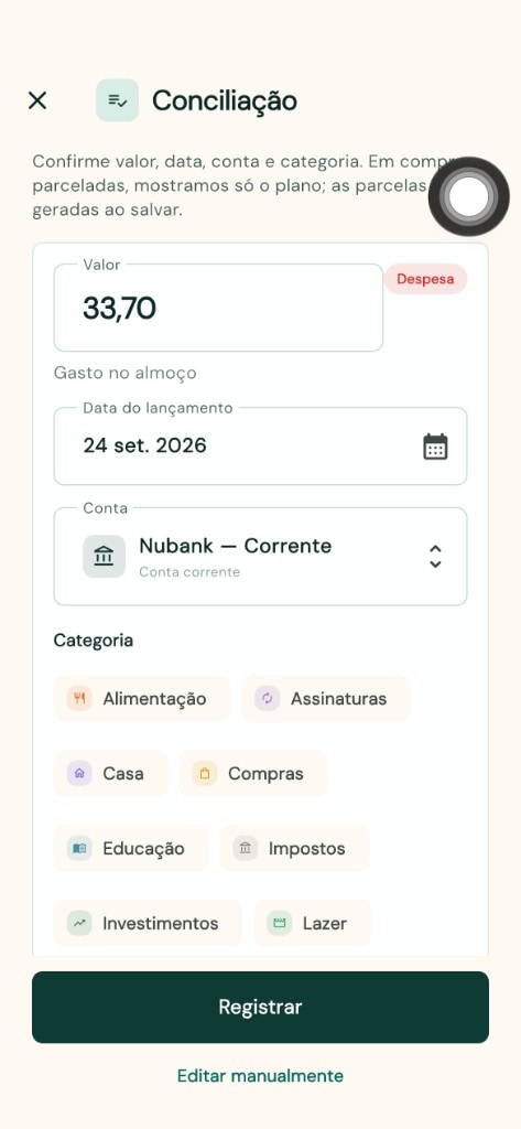 Conciliação com valor, conta, categoria e forma de pagamento