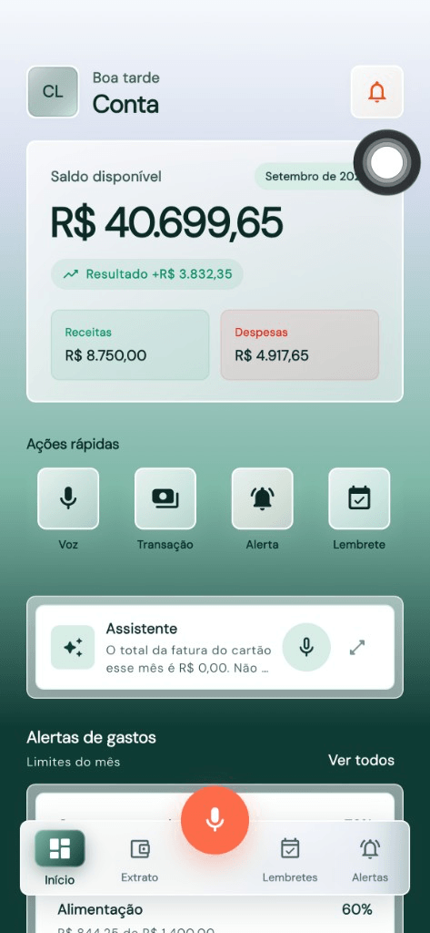 Tela inicial do app com saldo do mês, ações rápidas e alertas de gasto