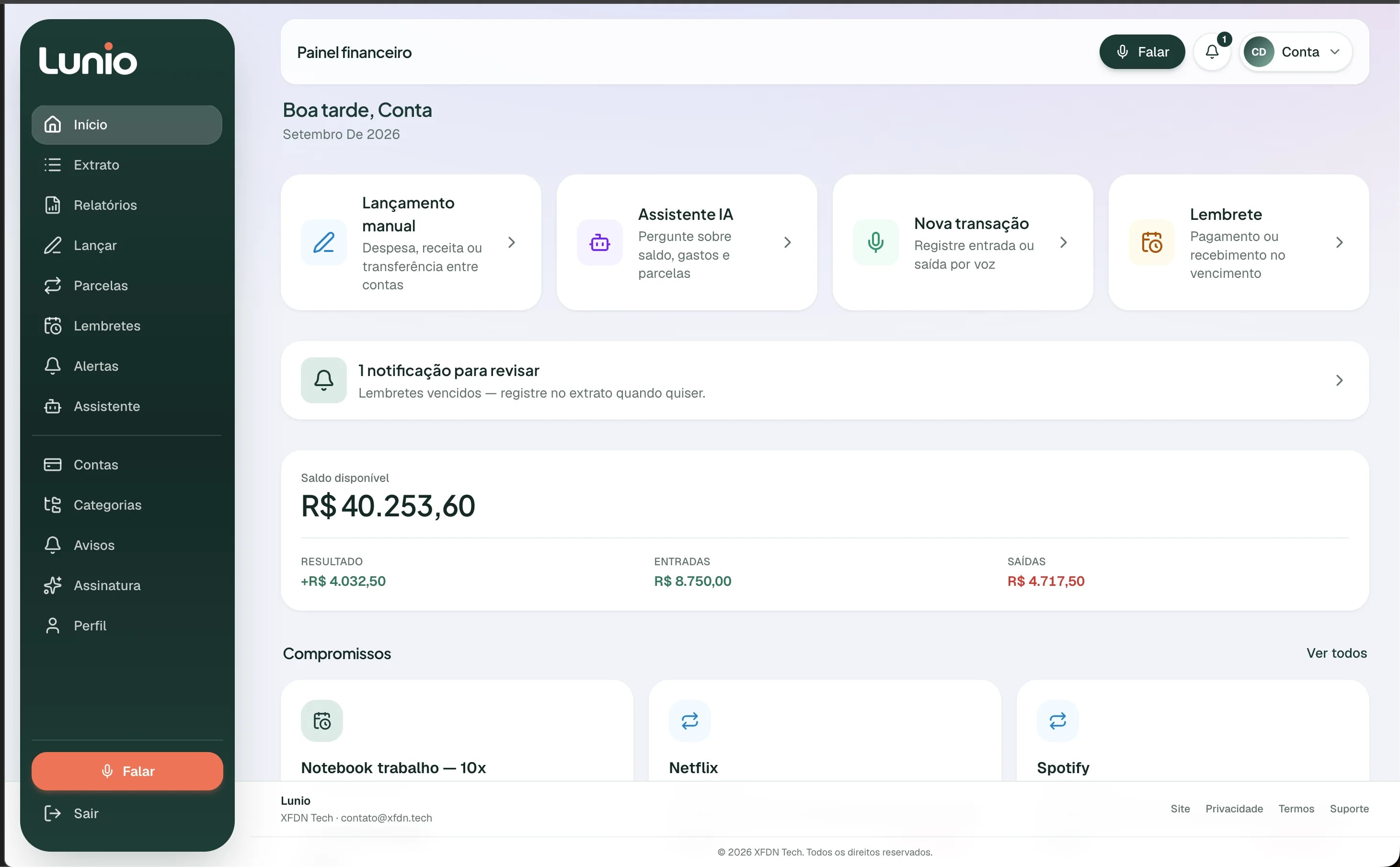 Painel financeiro do portal com saldo, atalhos e compromissos do mês